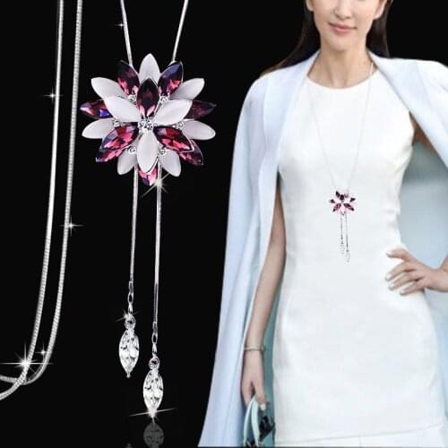Womens Crystal Flower Long Necklace Party Jewelry For Dress Decoration Gift Sweater Chain