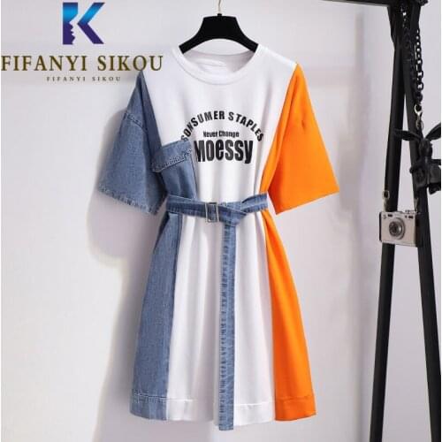 Denim Spliced T-Shirt Dresses Women Letter Print Fashion Short Sleeve High Waist Short Dress Female Summer Loose Plus Size Dress