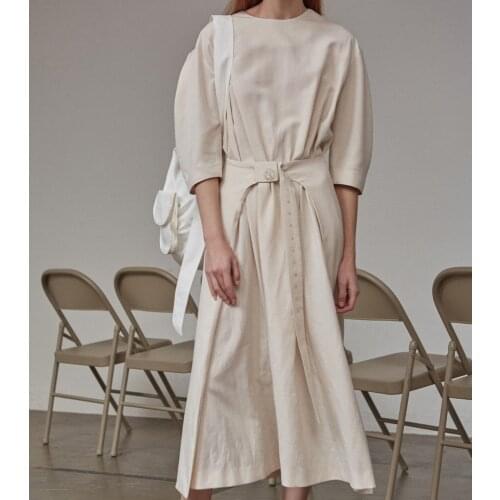 Women OL Office Midi Dress Lady O Neck Short Sleeve Split Logo Embroideried Belt Lace-up Female Long Dresses 2021 New