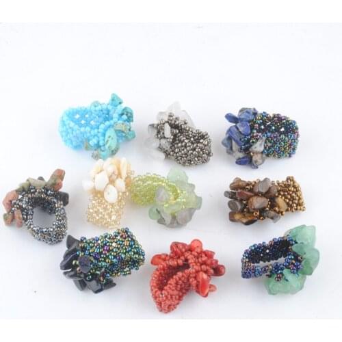 10Pcs Fashion Jewelry Handmade Elastic Resizable Rings Red Coral Flourite Stone Chip Beads Stretch Finger Ring US 6~9 TBJ301