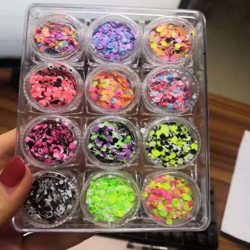 12 Boxes/set Neon Mixed Color Dot Glitter Circle 1 MM /2 MM / 3 MM Mixed Round Solvent Resistant Slime Charms Nail Art Tumbler