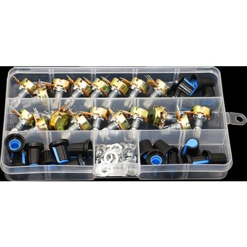 18Pcs WH148 Single Potentiometer Kit 3Pin B1K/5K/10K/20K/50K/100K/500K/1M with knobs Single potentiometer set Shaft Nuts +BOX