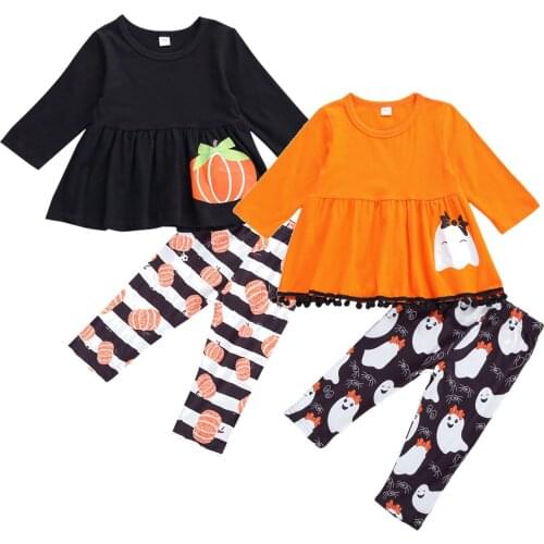 2 Pcs Infant Halloween Outfits Toddler Long Sleeve Round Neck Skirt-like Top with Pompoms Cartoon Pumpkin Trousers