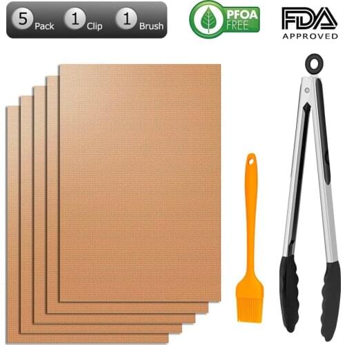 5Pack Non-stick BBQ Grill Mat 40*33cm Baking Mat Cooking Grilling Sheet Heat Resistance Easily Clean with Tongs Silicone Brush