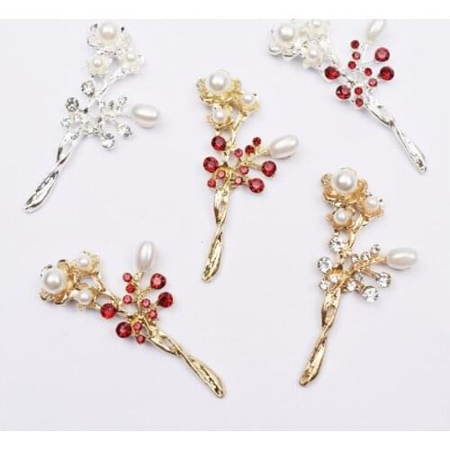 50pcs Branches Pearl Crystal Rhinestone Alloy Jewelry Applique strass Flatback Bag Brooch Wedding Brides Hairpin Hair Clip Decor