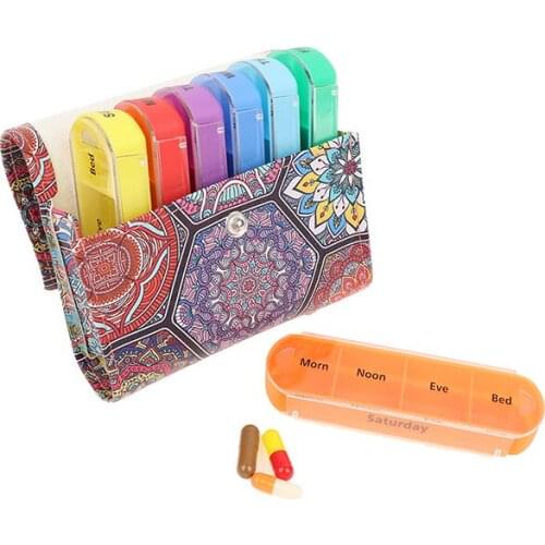 7Day Pill Boxes Remedy Organizer Case Ethnic Style Weekly Medicine Organizer PU Medicine Splitter Container Vitamin Case 6Styles