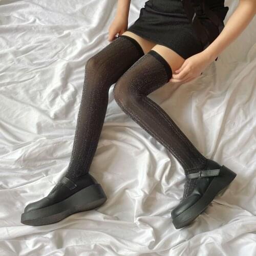 JK Black Silk Sexy Stockings Female Silver Silk Thigh Hosiery Sheer Lingerie Medias ins Japanese Hot Girl Over Knee Stocking