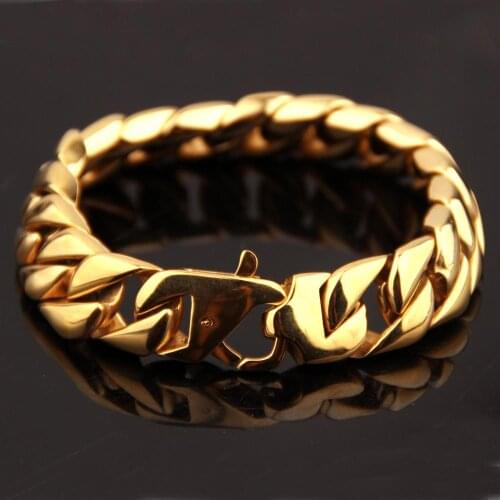 Hot Sale Fashion 15mm Heavy Mens Cuban Curb Chain Polished Gold Color Stainless Steel Bracelet Bangle High Quality