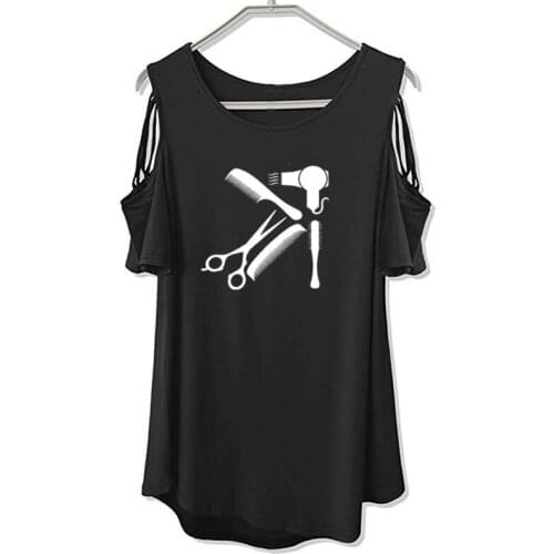 Art Hair salon Tee Shirt Hairstyle Barber Shirt funny women tumblr fashion Short Sleeve Female Tops Off The Shoulder Hollow Tee