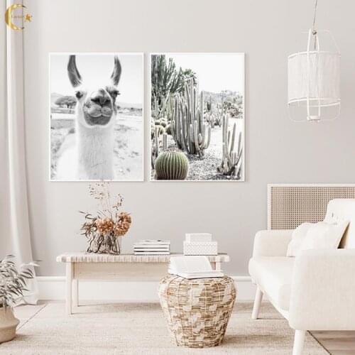 Alpaca Canvas Painting Wall Art Animal Nursery Posters and Prints Pictures Llama Cactus Black White Kids Room Decoration