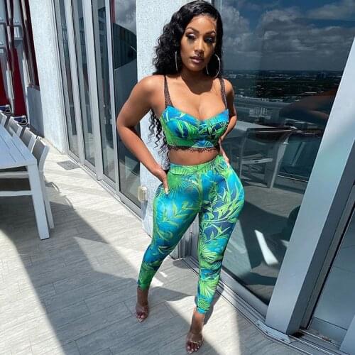 Lace Stripe Printed Camisole Skinny Legging Matching Two Piece Set Women Sexy Slash Neck Backless Skinny Crop Top Party Clubwear