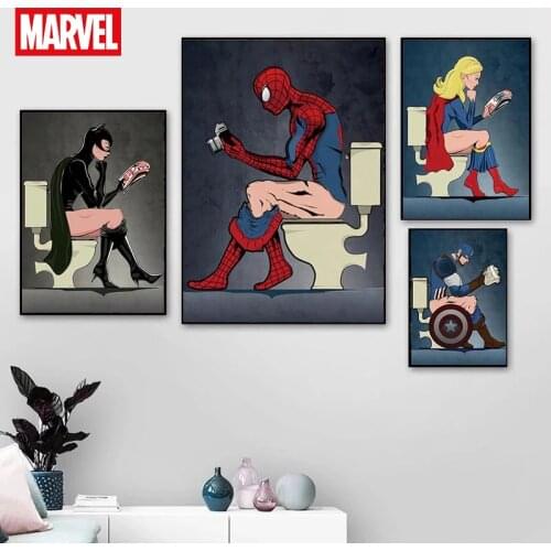 Marvel Superhero Character Read Magazine In The Toilet Painting Cartoon Canvas Posters Prints Bathroom Decor Cuadros Decor