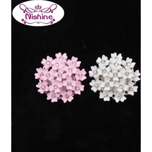 Nishine Lovely Pink White Flower Button Flatback Rhinestone Buttons Jewel DIY Headband Crafts Hair Accessories Wedding Bridal