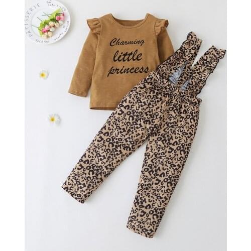 New Fashion Toddler Girl Clothing Set Letter Long Flying Sleeve T-shirt Top+Leopard Print Long Overalls Fall Kids Clothes 1-6Y