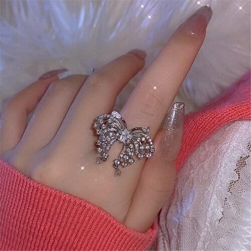 Origin Summer Bling Bling Rhinestones Tassel Rings for Women Girls Alloy Hollow Butterfly Open Finger Rings Creative Accessories