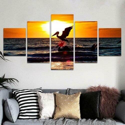 Pelican Sunset Ocean Nature 5Pcs Modern Home Wall Decor Canvas Picture Art HD Print Painting On Canvas for Living Room No Framed