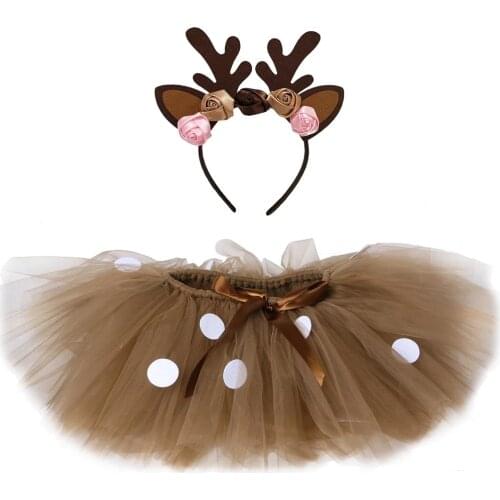 Fluffy Brown Deer Girls Tutu Skirt Baby Christmas Reindeer Costume Kids Elk Tulle Skirt for Halloween Carnival Holiday Role Play