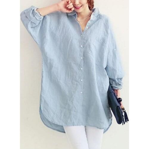 Casual Women Cotton Linen Shirts Blouse Over Sized 2021 Summer Loose Long Sleeve Ladies Fashion Button Irregular Long Blouses