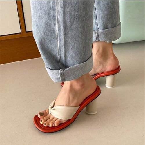 PXELENA Luxury Genuine Leather Thong Flip Flops Women 2021 Summer Modern Slippers Lady Round High Heels Party Daily Slides Shoes