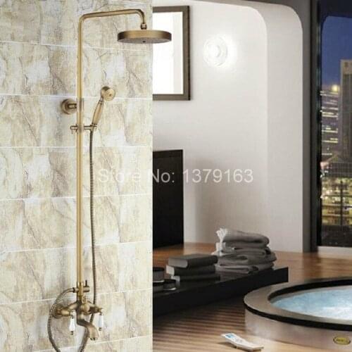 Bathroom Rain Shower Faucet Set Antique Brass Double Ceramics Lever Tub Mixer Tap + Rainfall Shower Head + Handshower ars164
