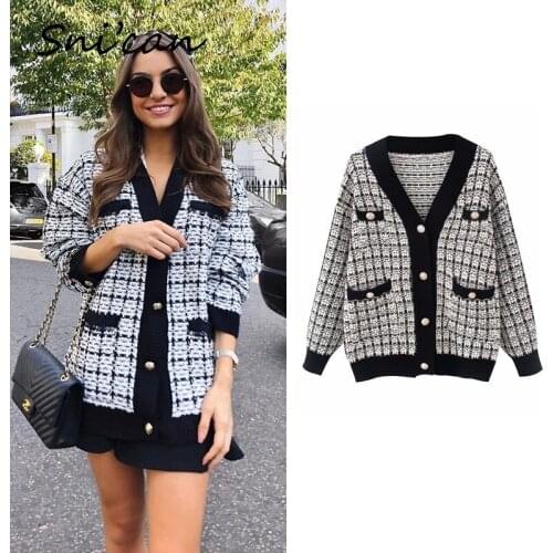 Snican Spring V Neck Black Plaid Sweater Za Office Ladies Casual Pockets Cardigan Outwear Female Chic Tops Femme Chandails 2021