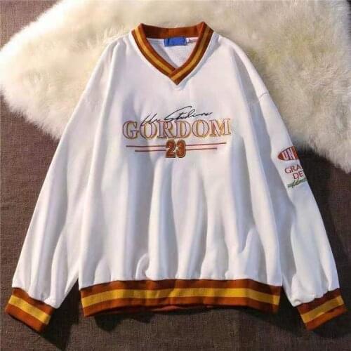 Vintage American Letter Embroidery Splicing Loose V Neck Oversized Sweatshirt Men Women Streetwear Casual Top Sport Teens Autumn