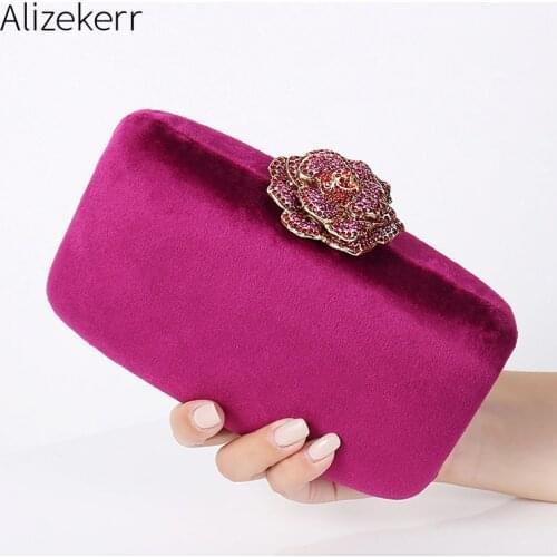 Diamonds Flower Velvet Evening Bag Women New Elegant Chain Banquet Dress Clutch Bag Ladies Wedding Dinner Party Box Small Purses