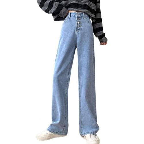 2021 Spring Autumn Women Jeans Casual Women High Waist Button Wide Leg Trousers Pockets Solid Color Pants Jeans