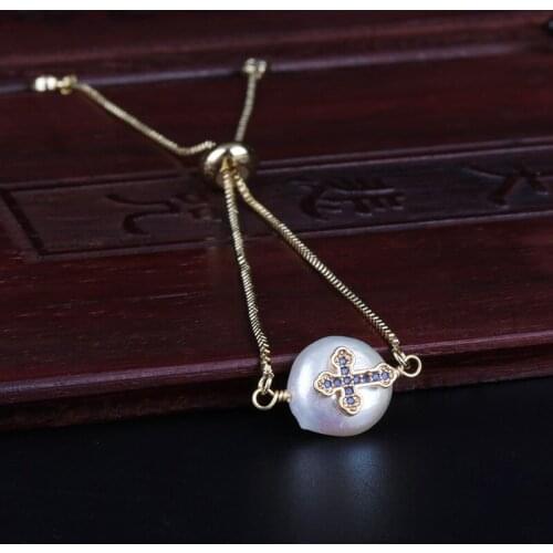 Deep navy blue cz tiny cross religious charms freshwater pearl bead dainty gold link bracelet for women wedding birthday gift