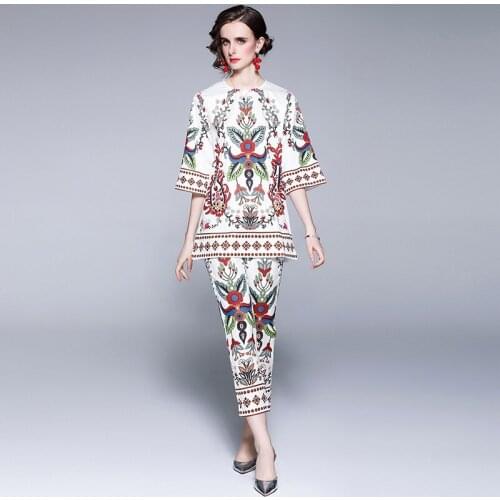 Fashion Runway Designer Suit Womens Summer O-Neck Three Quarter Sleeve Print Shirt Top + Elastic Waist Long Pants Suit