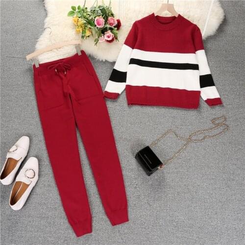 Amolapha Women Hit Color Patchwork Knitted Pullovers Sweater+Pants Suits Casual Knit Striped Patchwork Tracksuits For Woman