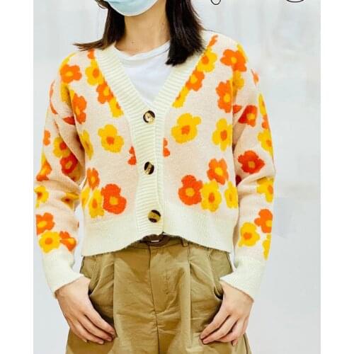 Womens Sweater Floral Printing V-neck Knitted Cardigans Female Casual Loose All-match Sweet Lady Long Sleeve Clothing One Size