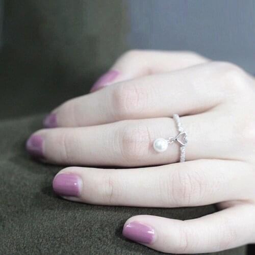 ANENJERY 925 Sterling Silver Sweet Micro Zircon Wave Love Heart Pearl Pendant Rings For Women 16mm Adjustable Bague S-R383