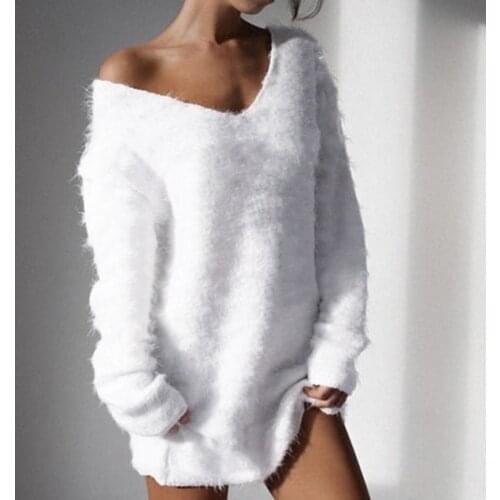 Winter Knitting Blouse Women Sexy V-neck Solid Color Long-sleeved Plush Pullover Knitted Shirt Vintage Bottoming Sweater Top
