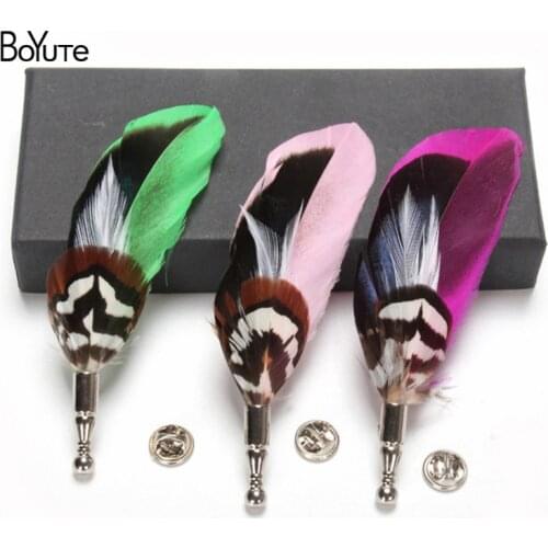 BoYuTe Wholesale (5 Pieces/Lot) Fashion Men Brooches and Pins for Suits Feather Brooch Pins Boutonniere 9 Colors