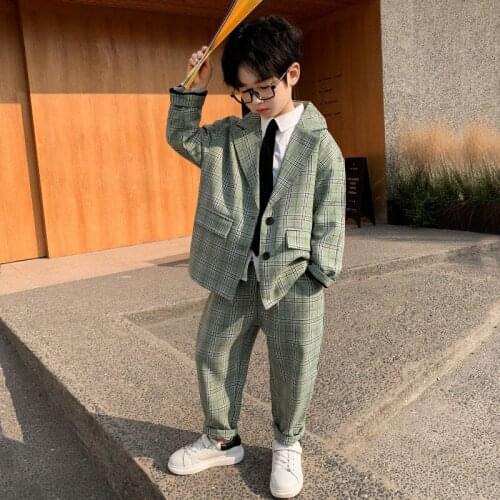 Kids Boys Blazer Suits Spring Autumn New Baby Boys Korean Formal Set Fashion Plaid Blazer Jacket Pants 2pcs Set for Boy 5-11 Y