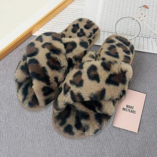 Faux Fur Home Slippers Women Plush Fur Cross Flip Flops Woman Flat Slides Warm Fluffy Shoes Ladies Indoor Soft Winter Slippers