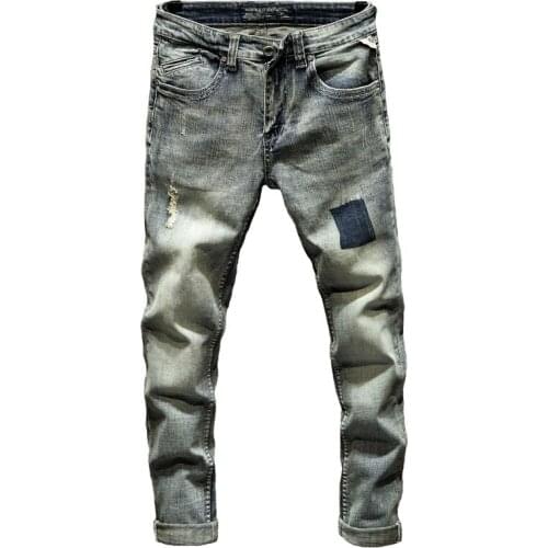 Streetwear High Quality Jeans Punk Jeans Men Spring and Autumn 2021 Slim Fit Retro Blue Stretch Patchwork Ripped Jeans for Men