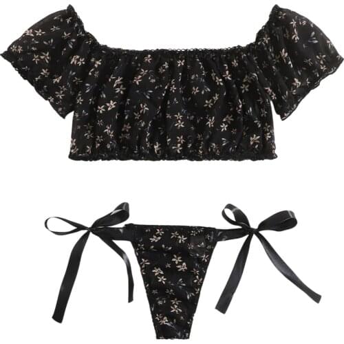 Women Sexy Two-piece Lingerie Set, Black Floral Printed Pattern Crop Tops and T-shaped Panties,Chiffon fun underwear set