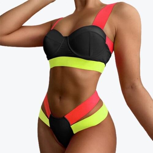 Sexy Bikini Suit Low Waist Wire Cushion Bra Stitching Color Block Summer Swimwear Women 1 Set Of Beachwear Zwempak