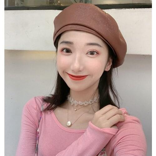 Fashion 2020 Autumn Winter New Womens Hat PU Leather French Artist Beret Cap Fashion Beret for Women Girls Soft Painter Berets