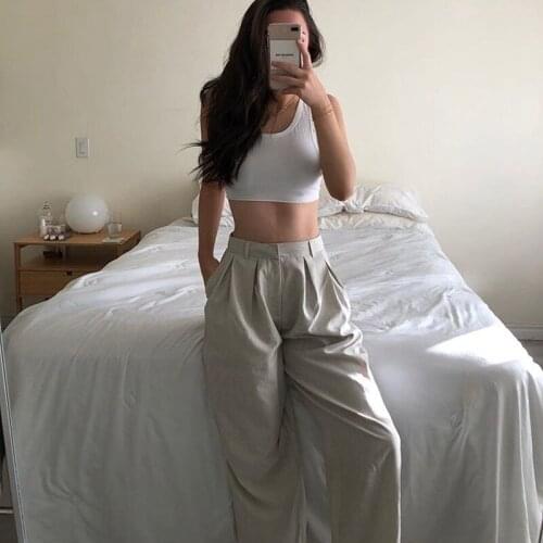 Fashion womens 2021 summer new wide-leg trousers loose casual straight-leg suit pants solid color cotton office thin trousers