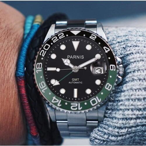 PARNIS Fashion Green GMT Automatic Men Watch Black Green Insert Brushed Oyster Strap Sapphire Crystal