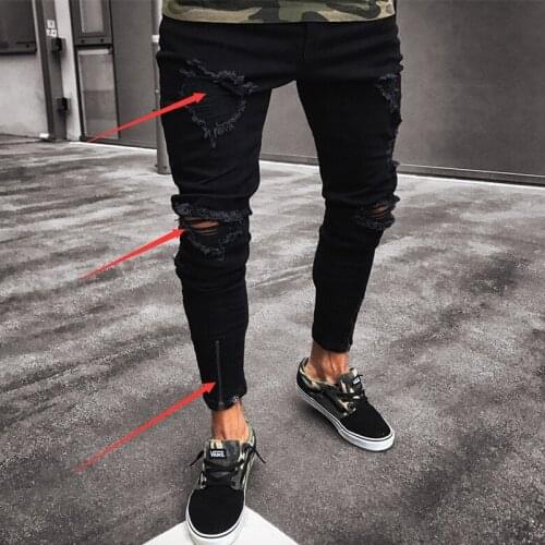 Men Fashion Knee Ripped Hole Biker Jeans Street Hip Hop Pencil Pants Black Stretch Thin Body Zipper Jeans2021