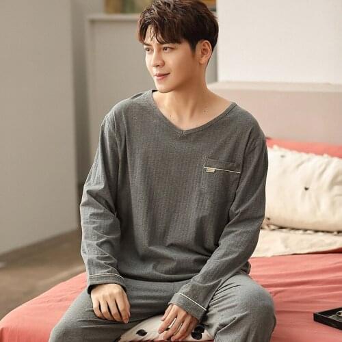 Two Piece Suit Pure Cotton Mens Pajamas Spring And Autumn Long Sleeve Student Youth Thin Korean Home Suit Bielizna Nocna