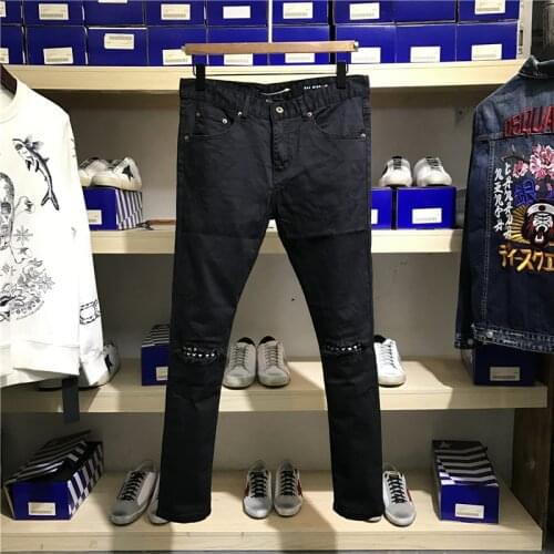 High New 2021 Classic Vintage Morden Luxurious Crown PU Knee Metal Rivets jeans Cotton Denim Pants comfort casual 28-38 #D6