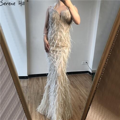 Nude Silver Luxury Feathers Crystal Evening Dresses 2020 Halter Sexy Mermaid Evening Gowns Design Serene Hill LA70193