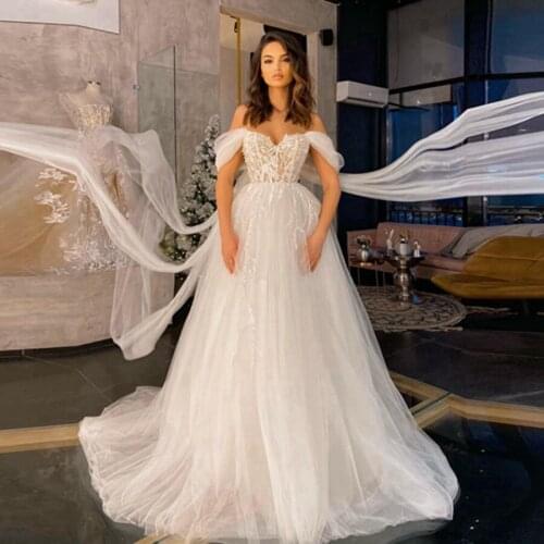 Dreamlike White Tulle Appliques Wedding Gowns Off The Shoulder Lace Sequins Bridal Dress Custom Made Wedding Dresses Bryllupskjo