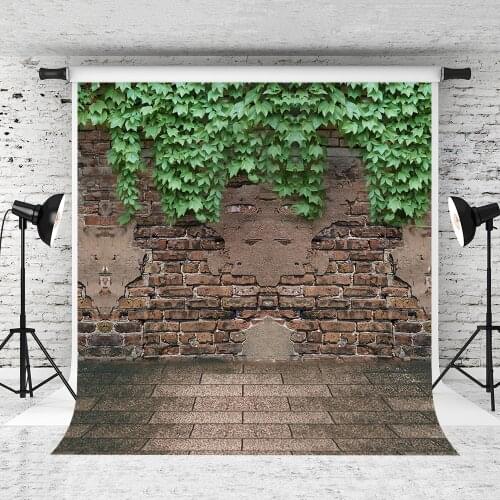 VinylBDS Retro Brick Wall Backgrounds for Photo Studio Dark Floor Children Photography Backdrops Green Leaves Spring Backdrops
