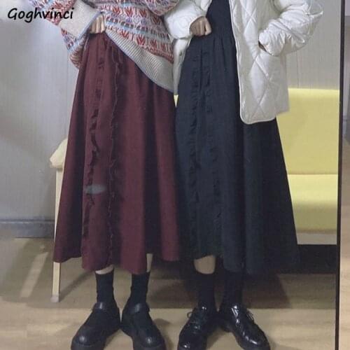 Skirts Women Edible Tree Fungus Asymmetrical Mid-calf Loose Classic Solid Leisure Simple Elastic Waist Teens Elegant Harajuku